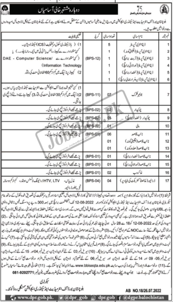 BISE Quetta Jobs 2022 | Download Form www.bbiseqta.edu.pk