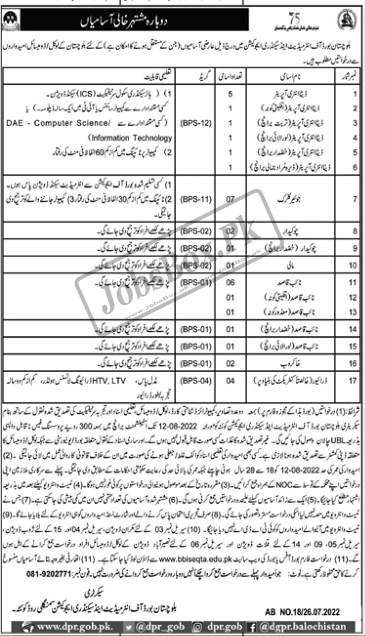 BISE Quetta Jobs 2022 | Download Form www.bbiseqta.edu.pk