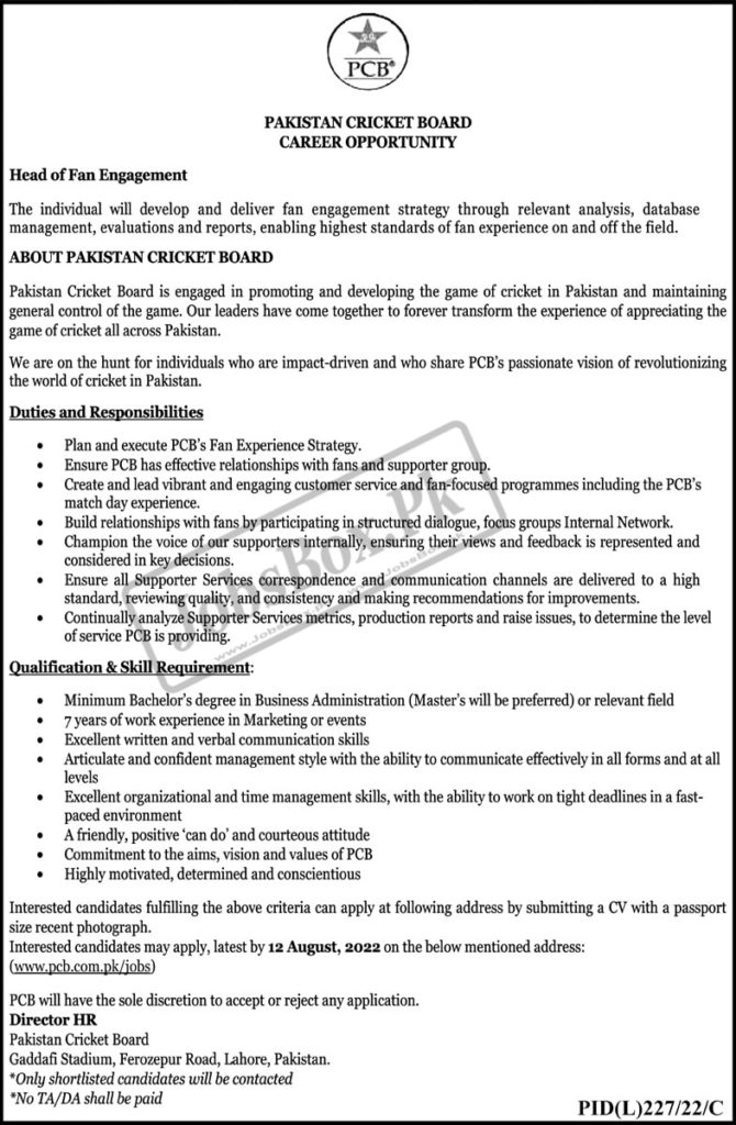 Pakistan Cricket Board PCB Jobs 2022 Announcement