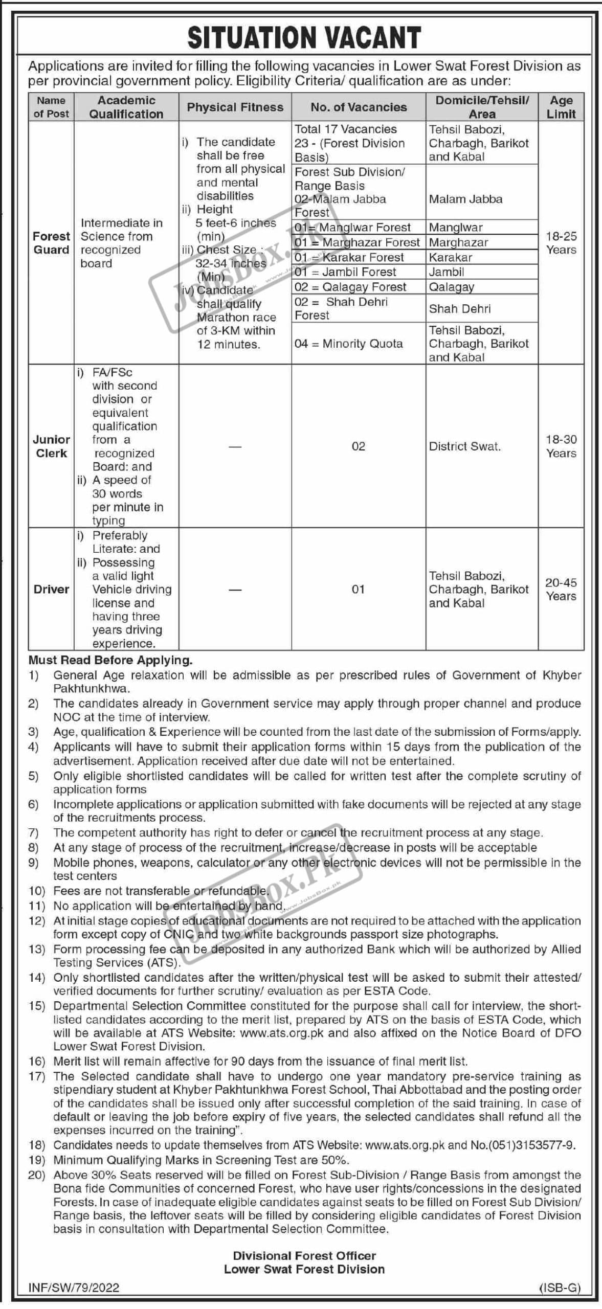 Lower Swat Forest Division Jobs 2022 – Forest Guard Vacancies