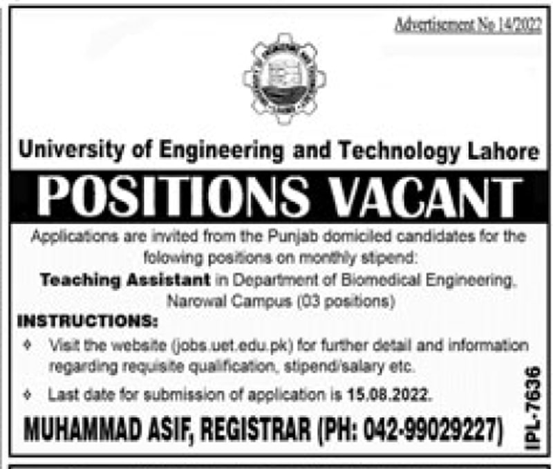 UET Lahore Jobs 2022 Current Vacancies | www.jobs.uet.edu.pk