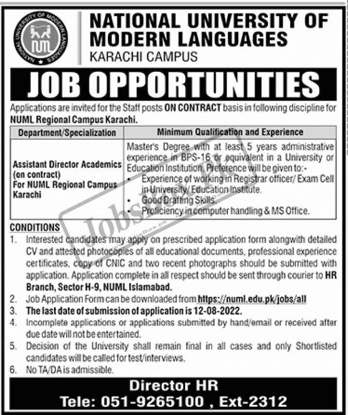 NUML Regional Campus Karachi Jobs 2022 – New Vacancies