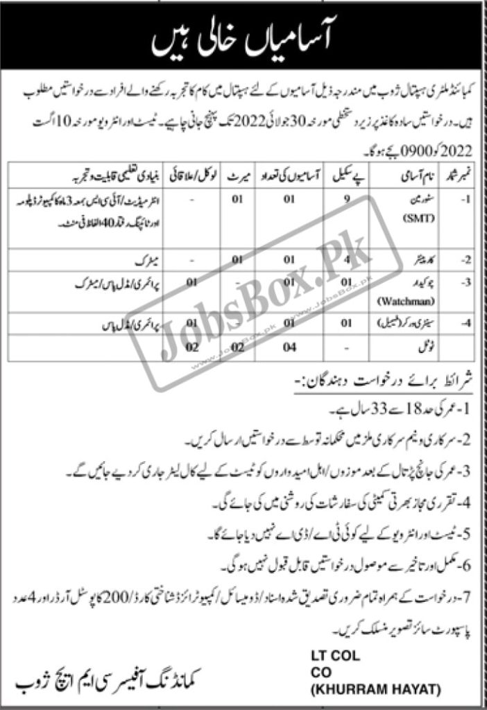 Combined Military Hospital CMH Zhob Jobs 2022