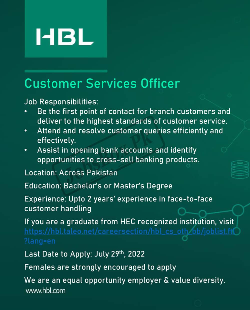 HBL Jobs 2022 in All Over Pakistan for Male and Females