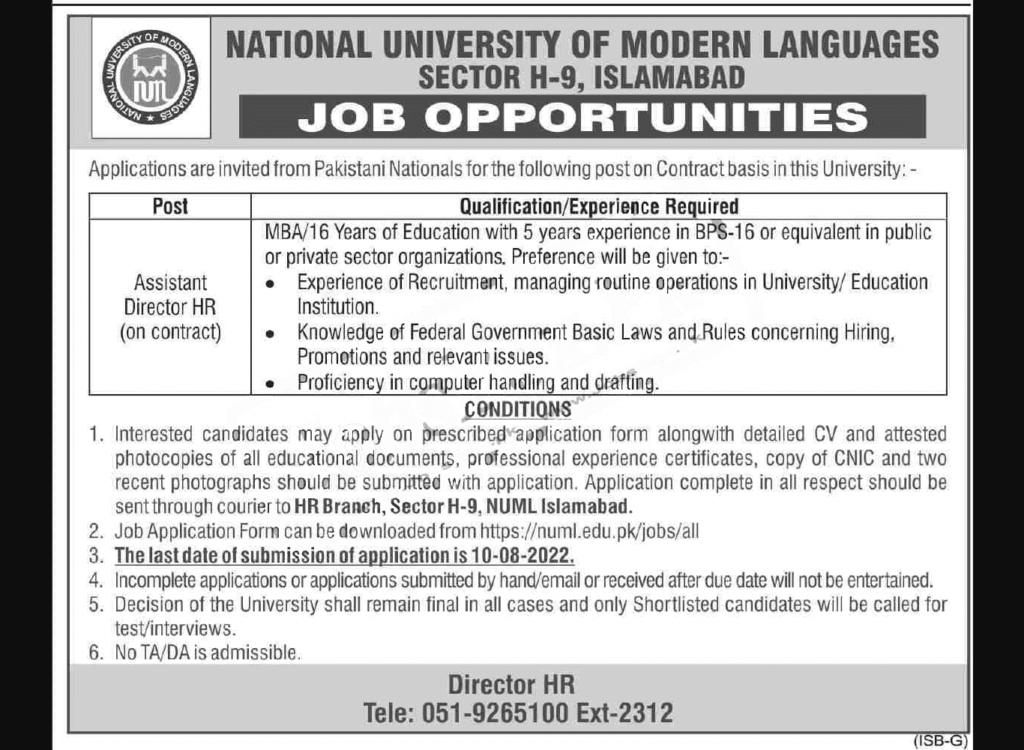 NUML Islamabad Jobs 2022 – Download Form via www.numl.edu.pk