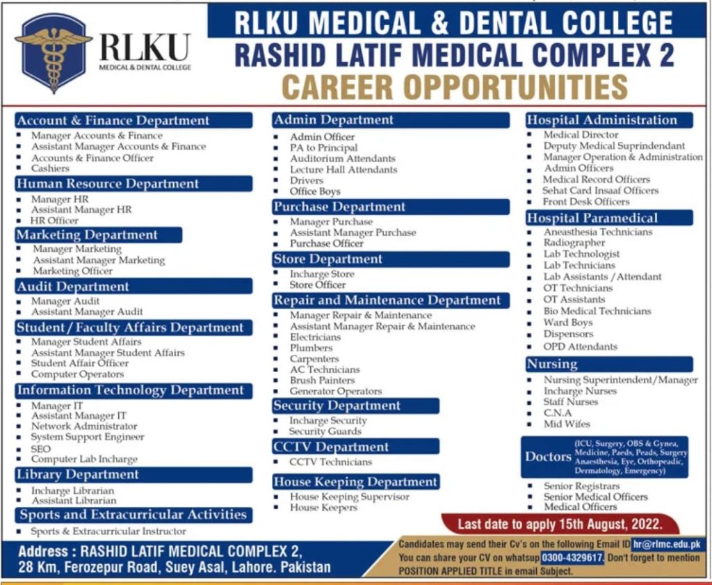 Rashid Latif Medical Complex Jobs 2022 – RLMC Advertisement